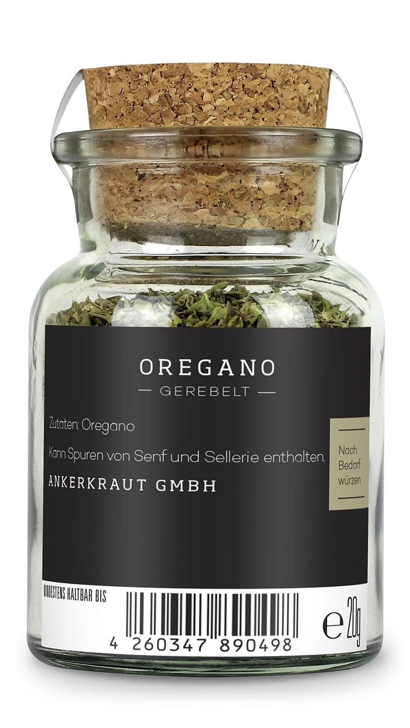 Ankerkraut Oregano Gewürz, getrocknet gerebelt, perfekt für Pizza Suppe Tomate und Fisch, Kräuter zum Würzen, mediterrane Küche für zu Hause, Lecker Kochen, 20g im Korkenglas