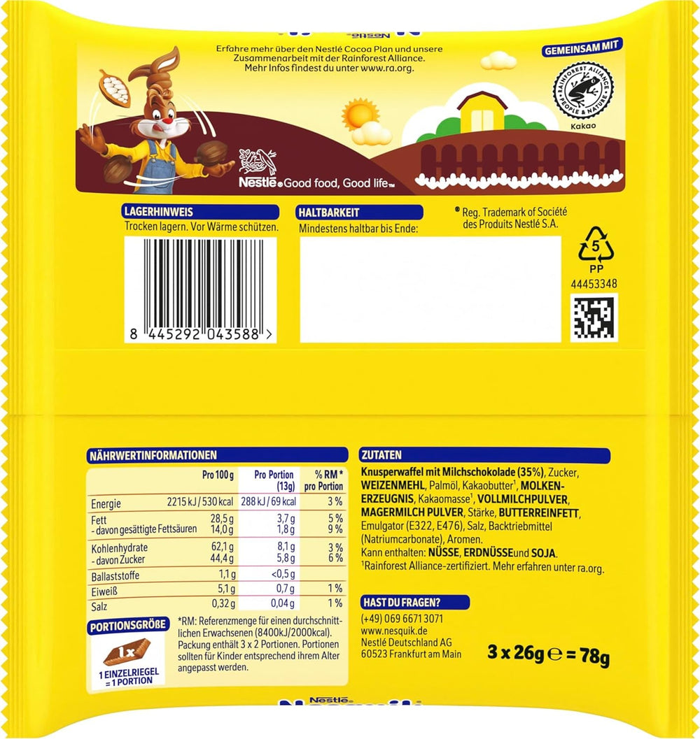 Vafă crocantă Nestlé, delicioasă bară de vafe cu ciocolată cu lapte, pachet multiplu, pachet de 1 (3x26g fiecare)