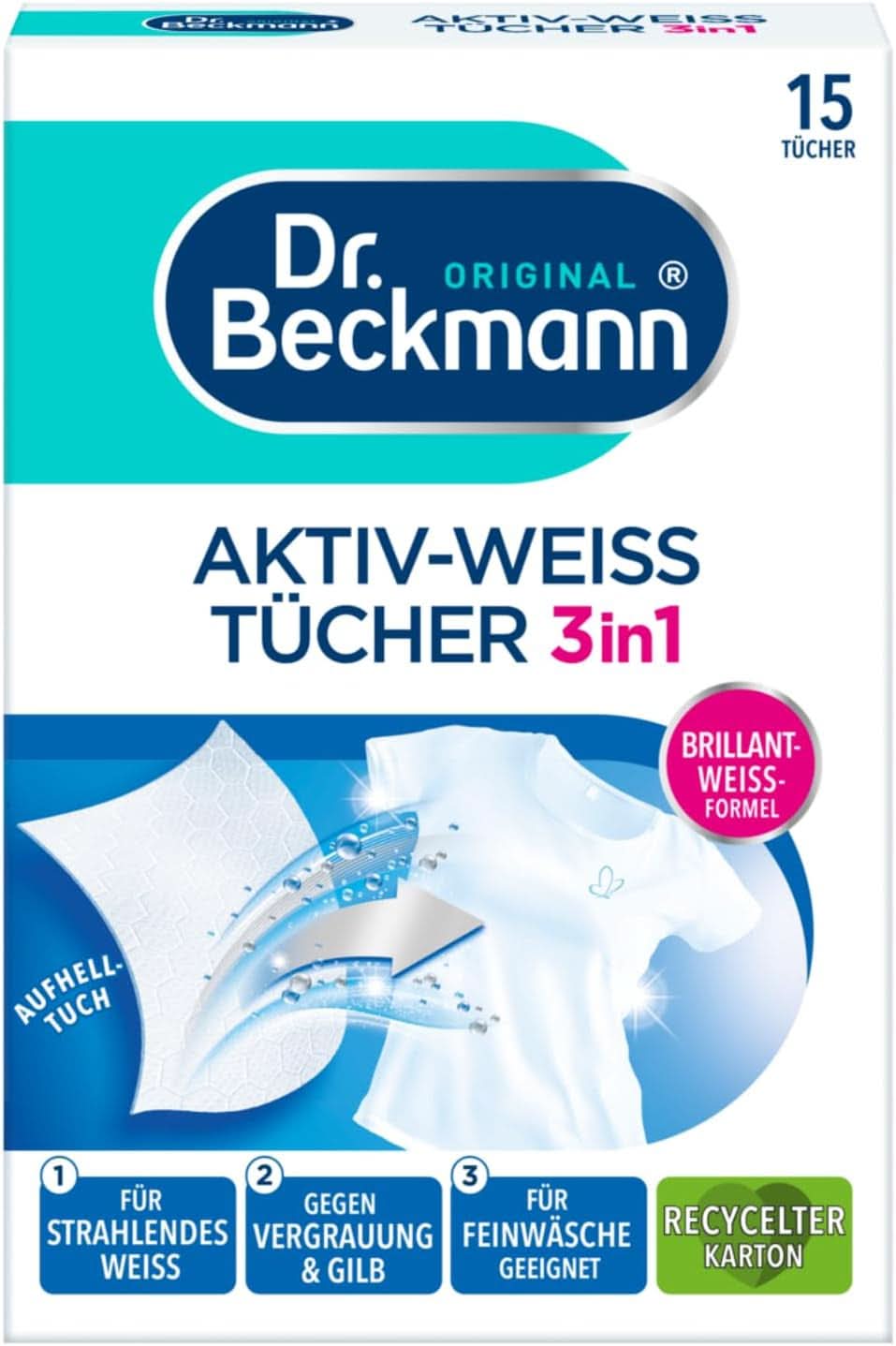 Dr. Beckmann Fest Tücher, Active-White, 15 Tücher Waschmittel Naty Shop White