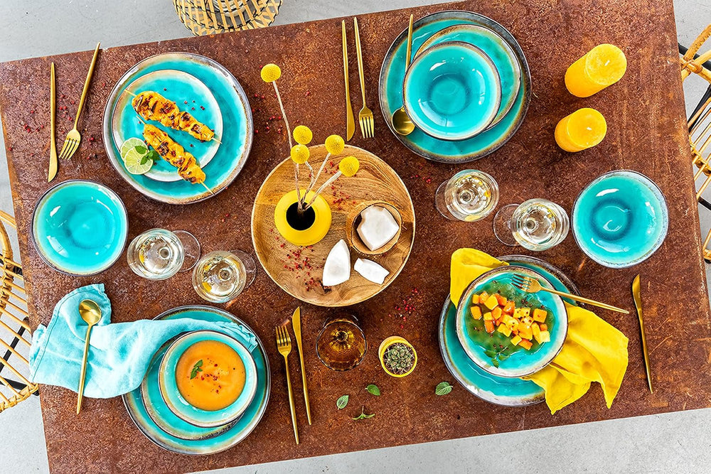 SÄNGER | Set de veselă Capri cu 12 piese, set de farfurii pentru 4 persoane, veselă din gresie, inclusiv farfurii de cină, farfurii de desert și farfurii de sumă, serviciu de cină turcoaz lucrat manual cu margine gri | COLECȚIA PREMIUM