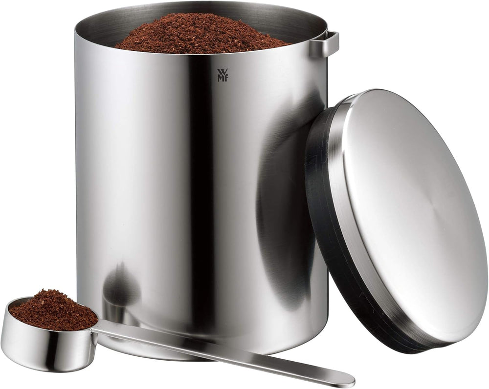 WMF cutie de cafea cu lingură de cafea Kult Cromargan din oțel inoxidabil cu finisaj mat 500g și borcan de depozitare 1 litru din sticlă Depot lavabil în mașina de spălat vase Cutii depozitare alimente Naty Shop