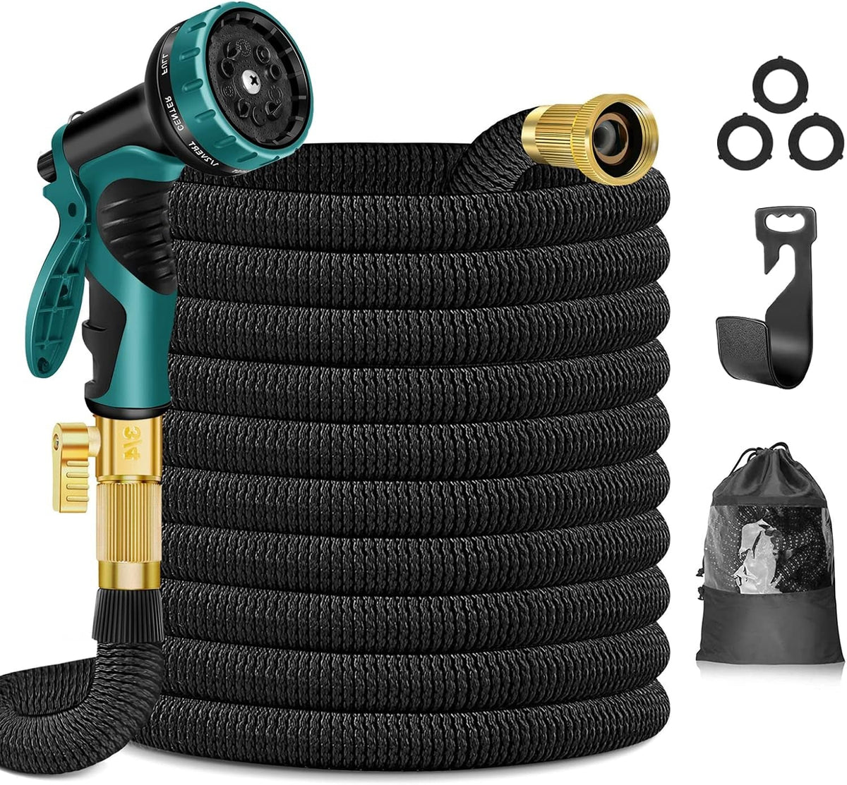 Furtun de grădină, 30 m, furtun de grădină cu 10 moduri, pistol de pulverizare și fitinguri din alamă masivă, furtun flexibil, furtun de grădină extensibil, negru, 30 m