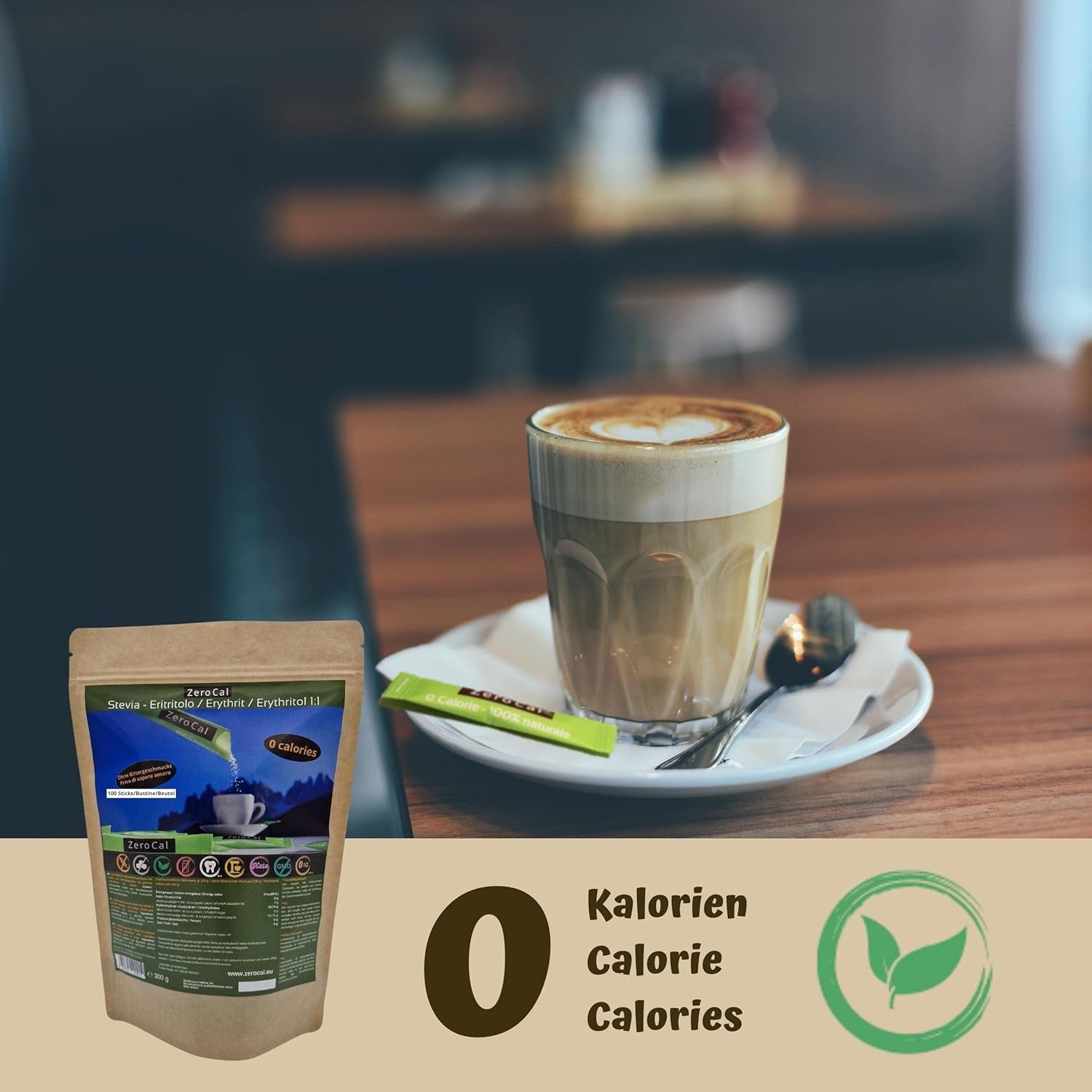 Zerocal – 1:1 (Erythrit + Stevia) 100 Sticks Je 3 G | Ideal zum Süßen von Kaffee, Tee und anderen Getränken Gleiche Süßkraft Von Zucker | Glutenfrei, vegan, gentechnikfrei | Kalorien und GI = 0 Süßstoffe Naty Shop