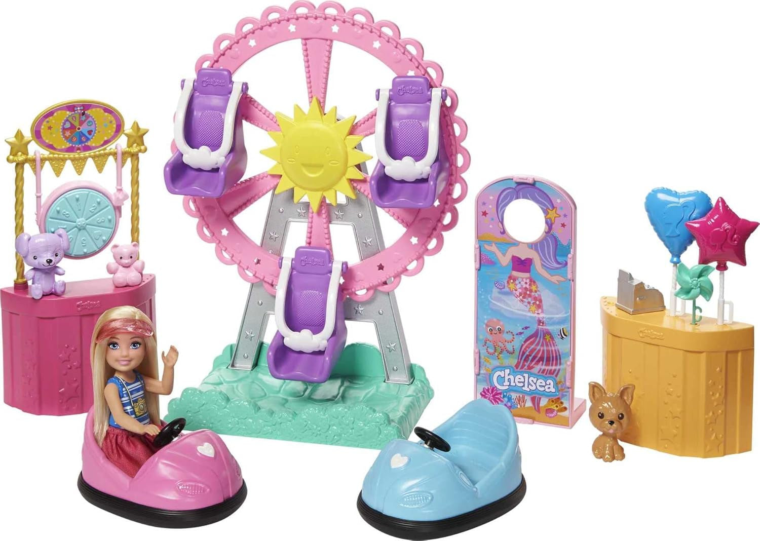 Barbie GHV82 - Chelsea Fairground Playset Cu Păpușă, Aprox. 15 Cm, Blondă, Cu Modă Și Accesorii, Cu Roată Ferris, Mașini Bumper, Pui Și Mai Mult, Jucărie Cadou Pentru Copii De La 3 La 7 Ani Papusi Naty Shop Simplu