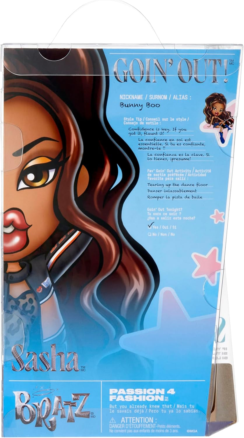 Bratz Goin' Out! Doll - Sasha - 1 Sammlerpuppe mit Accessoires, einem Outfit, einer Handtasche, einer Sonnenbrille und einer Bürste - Kinderspielzeug - ab 6 Jahren, Orange, Black