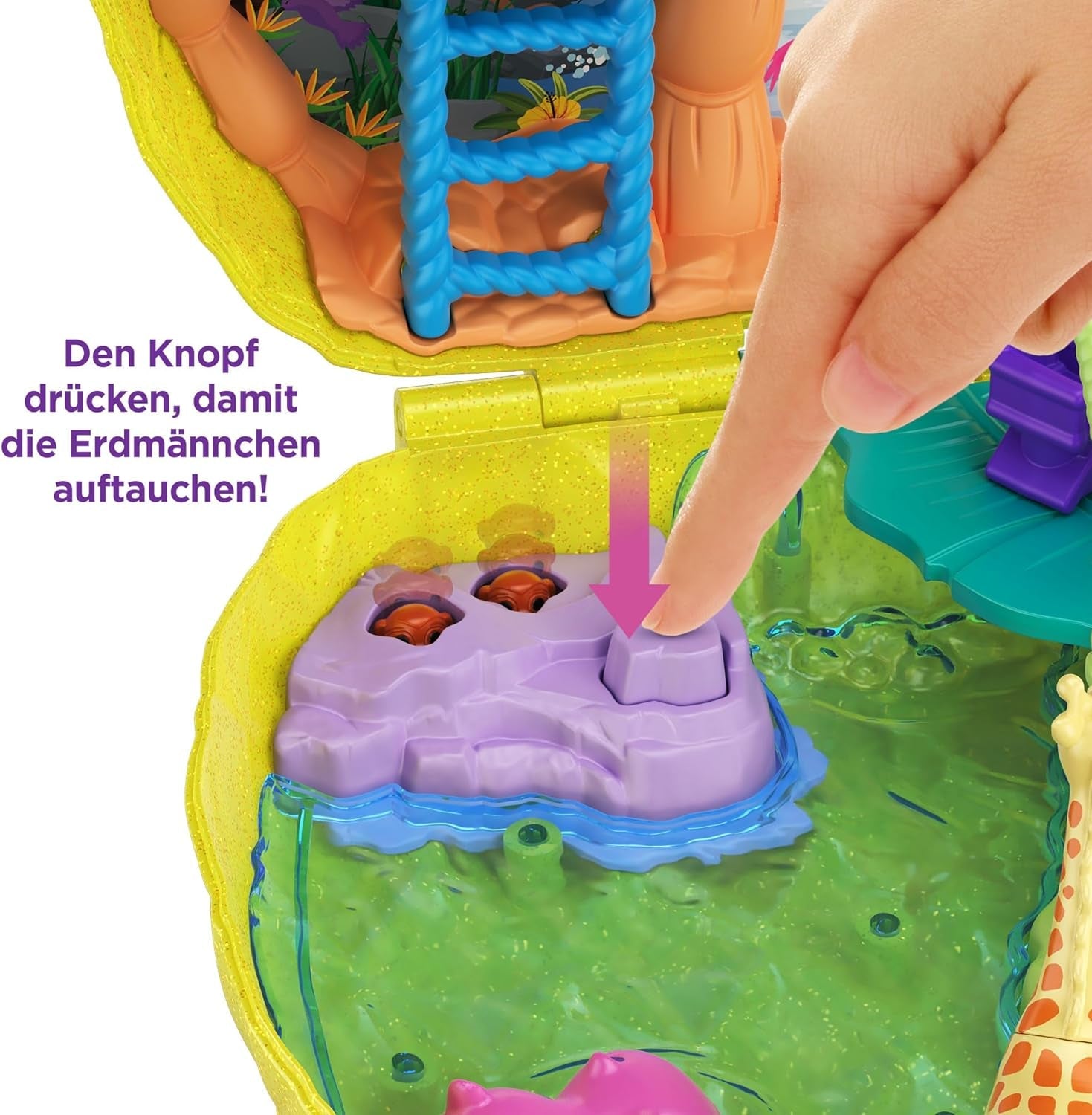 Polly Pocket GKJ64 - Pineapple Pocket Compact, portabil, cu 8 funcții distractive, păpuși Polly și Lila, 2 accesorii și foaie cu stickere; jucărie pentru copii cu vârsta de 4 ani și peste