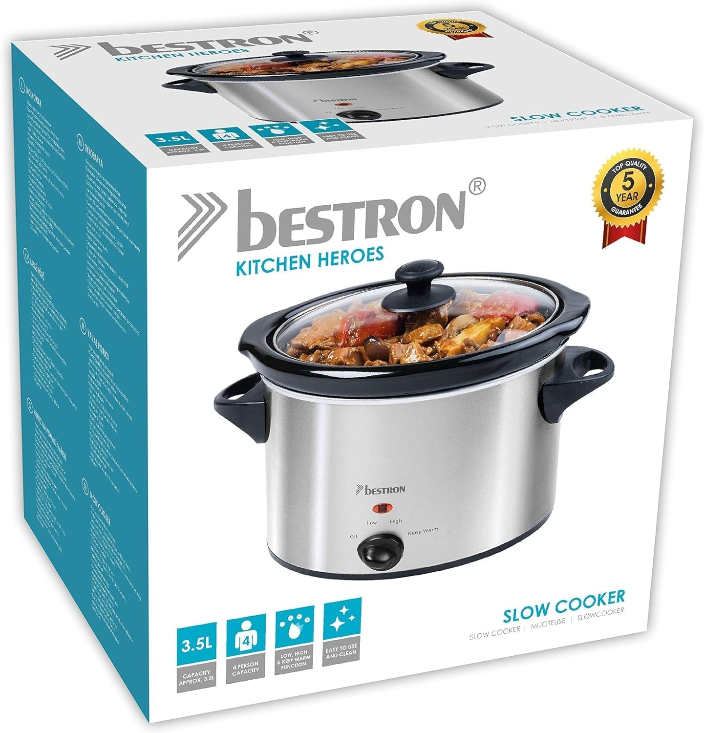 Bestron Slow Cooker mit Keramikpfanne und Glasdeckel, 3-Stufen-Thermostat, ideal für viele Gerichte wie Fleisch, Suppen und Gemüse, 3,5 Liter, Farbe: Silber Slow Cooker Naty Shop