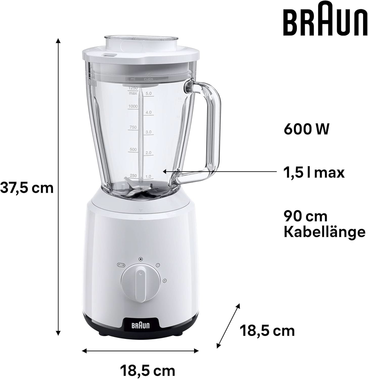 Braun Powerblend 1 JB1050WH - Standmixer Mit 1,5 L Glas-Mixaufsatz, Küchenhelfer Zum Zerkleinern, Pürieren & Mixen, Ice-Crush-Funktion, 2 Geschwindigkeiten, 600 Watt, Weiß Kitchen Naty Shop