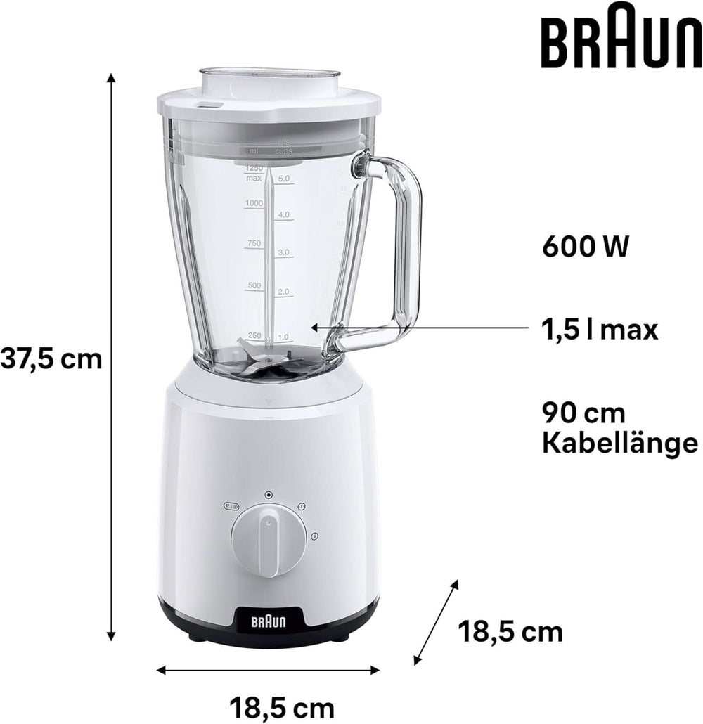 Braun Powerblend 1 JB1050WH - Standmixer Mit 1,5 L Glas-Mixaufsatz, Küchenhelfer Zum Zerkleinern, Pürieren & Mixen, Ice-Crush-Funktion, 2 Geschwindigkeiten, 600 Watt, Weiß Kitchen Naty Shop