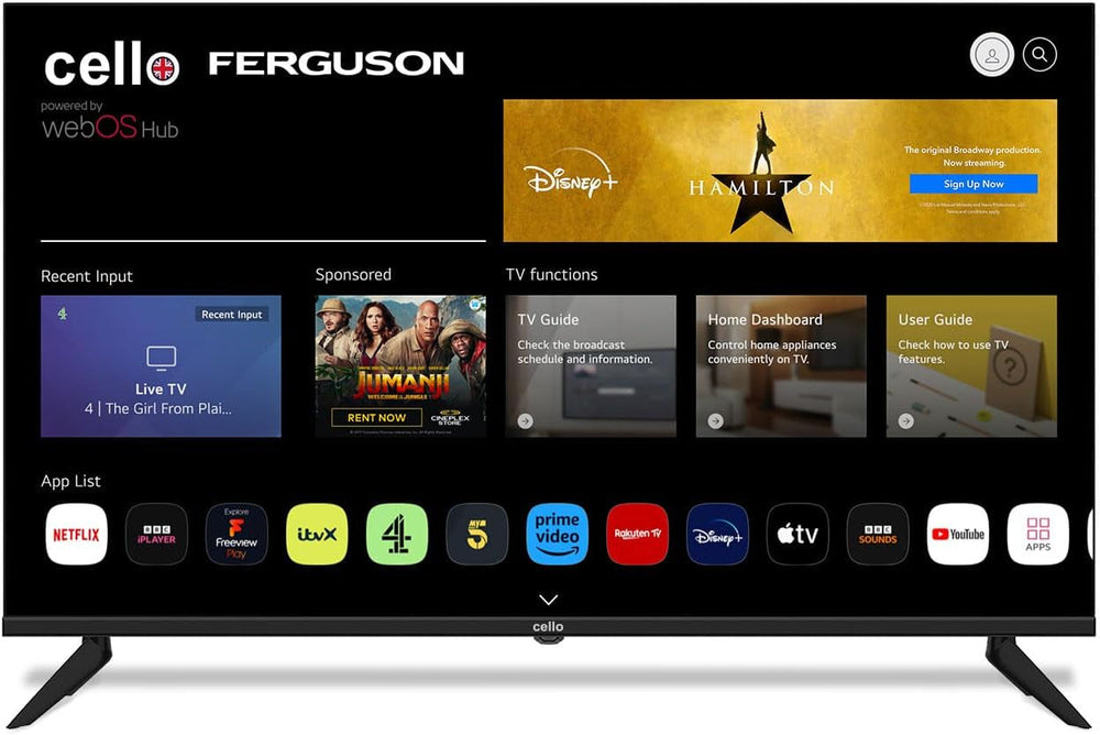 Televizor inteligent Cello C2224WSH de 22 de inci, fără ramă, alimentat de la rețea, LG WebOS, Freeview Play, FreeSat, Bluetooth, difuzoare Pitch Perfect, ideal pentru bucătărie, dormitor sau camere mici