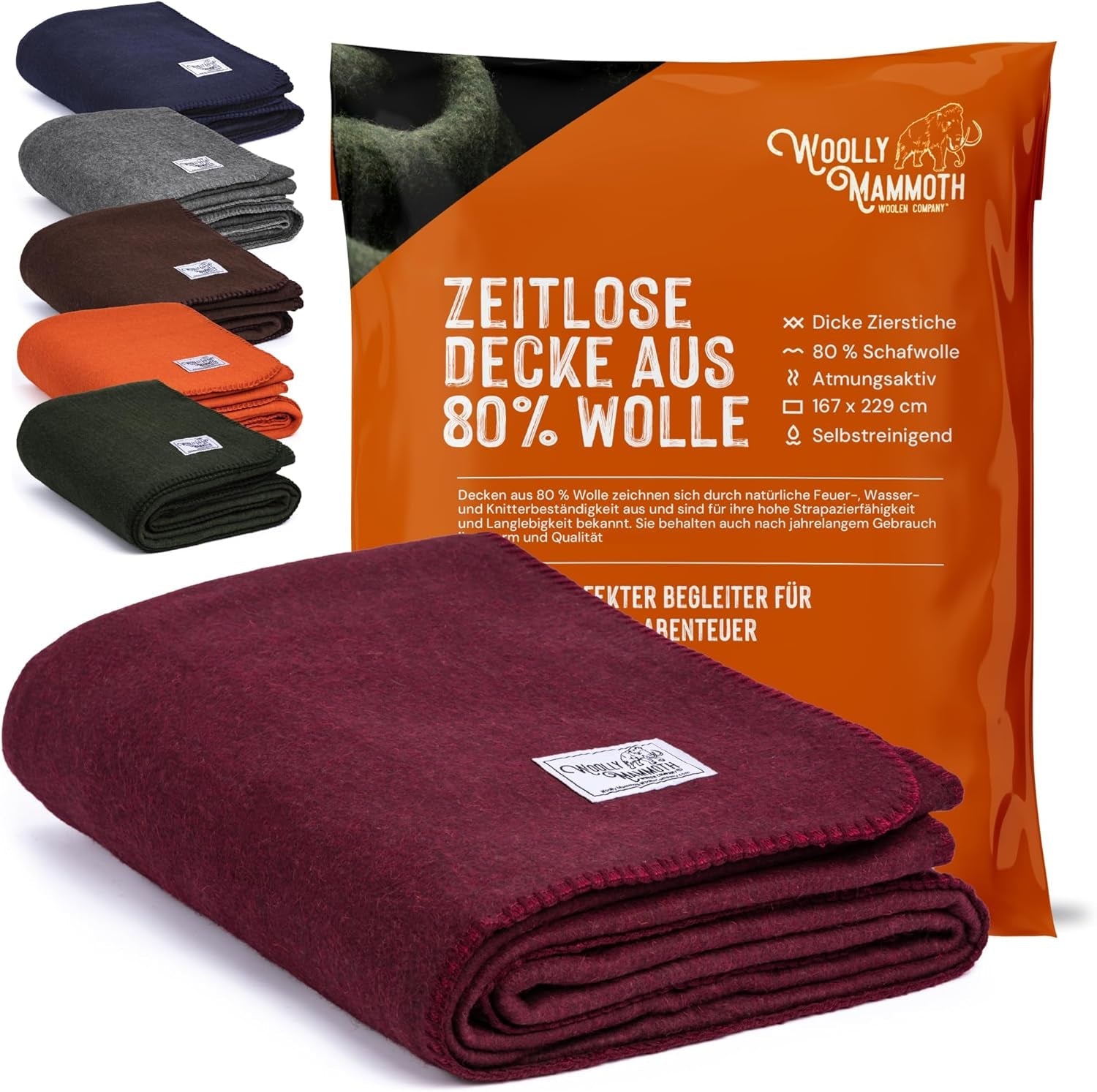 Woolly Mammoth Woolen Co. Campingdecke, extra groß, Merinowolle, die perfekte Outdoor-Ausrüstung für Bushcraft, Camping, Trekking, Wandern, Überleben oder Hüttendecke. Braun, 168 x 228 Betten und Decken Woolly Mammoth Woollen Company Burgunderrot 66" x 90"