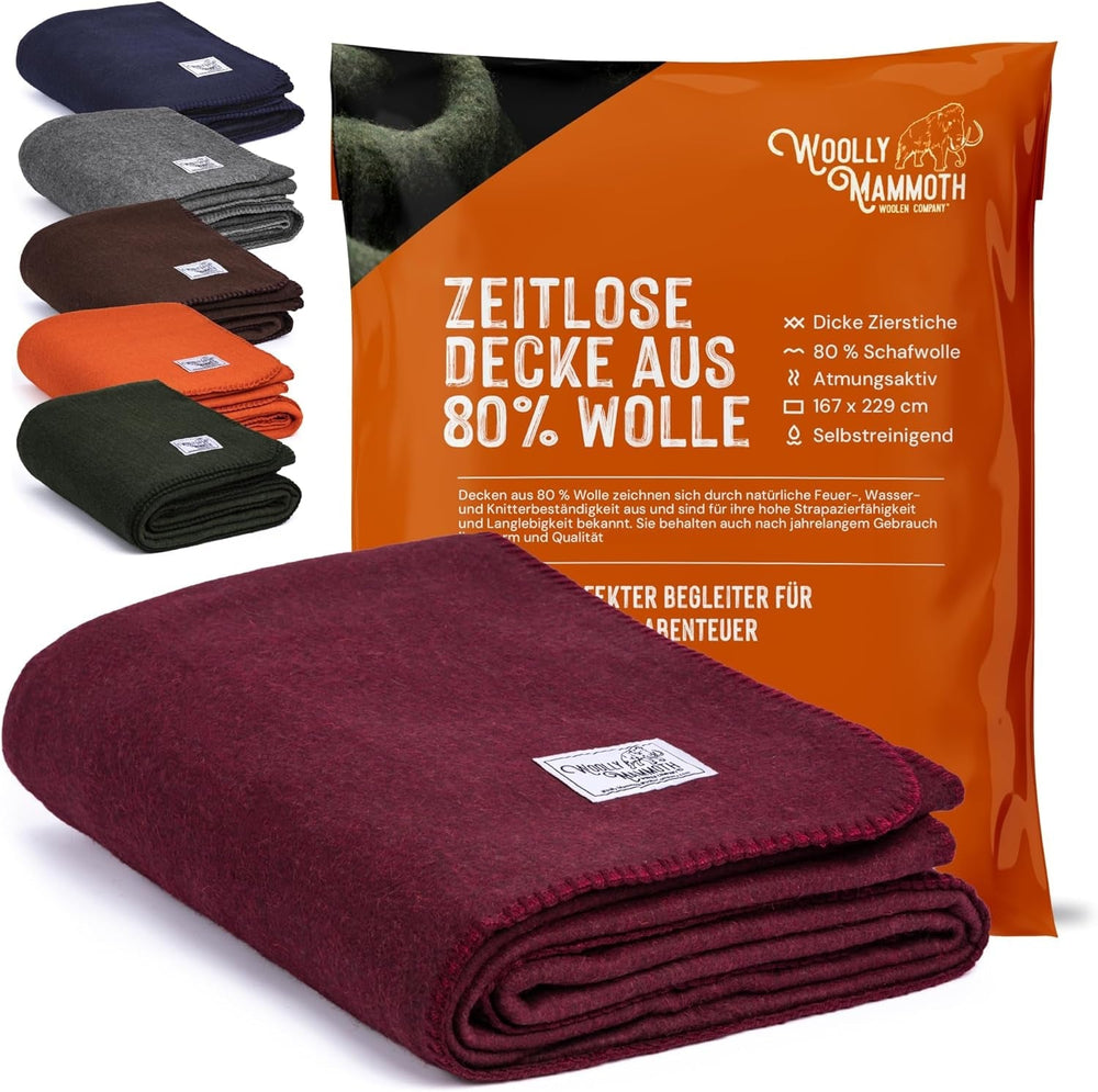 Woolly Mammoth Woolen Co. Campingdecke, extra groß, Merinowolle, die perfekte Outdoor-Ausrüstung für Bushcraft, Camping, Trekking, Wandern, Überleben oder Hüttendecke. Braun, 168 x 228 Betten und Decken Woolly Mammoth Woollen Company Burgunderrot 66" x 90"
