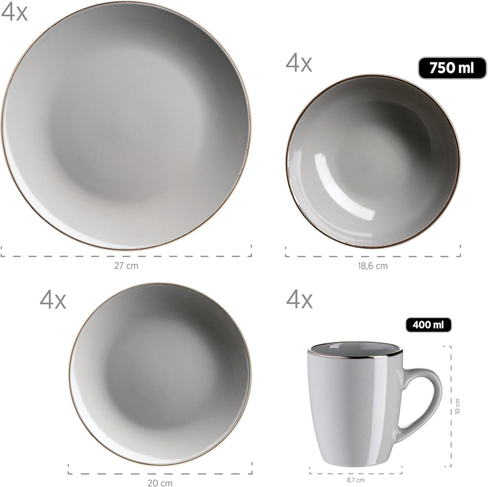 MÄSER Metallic Rim, Modernes Geschirr Set Für 4 Personen Mit Messingfarbenem Rand, 16-Teiliges Kombiservice Mit Randlosen Coupe-Formen, Steinzeug, Grau Tableware Sets Naty Shop