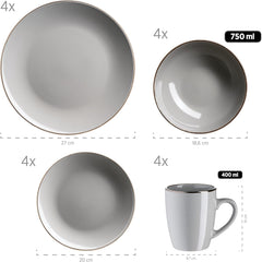 MÄSER Metallic Rim, Modernes Geschirr Set Für 4 Personen Mit Messingfarbenem Rand, 16-Teiliges Kombiservice Mit Randlosen Coupe-Formen, Steinzeug, Grau Tableware Sets Naty Shop
