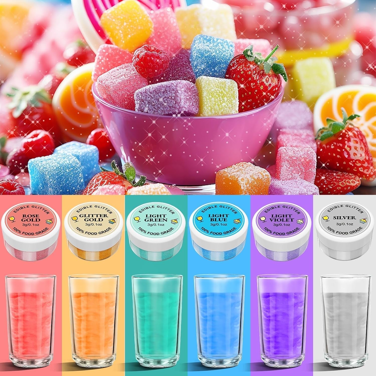 Sclipici comestibil 6 x 3g, Sclipici comestibil pentru băuturi, Sclipici alimentar, Set de 6 culori, Pudră sclipici, Sclipici pentru copt pentru ciocolată, căpșuni, prăjituri, fondant, băuturi, Inodor, Vegan