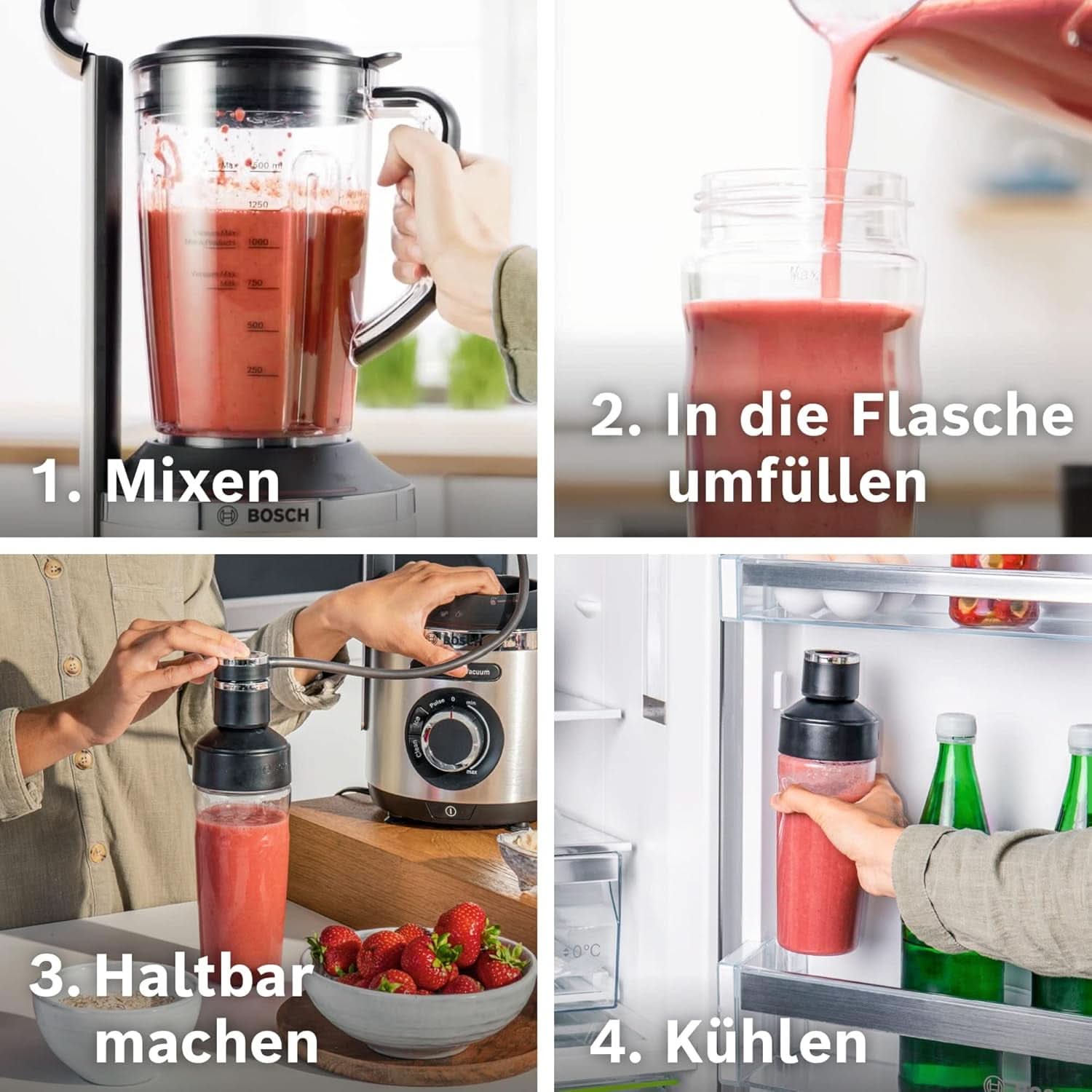 Bosch Vakuum-Standmixer Vitapower Serie 8 MMBV621M, Starke Mixleistung, Vitaminschonende Zubereitung, 4 Automatikprogramme, Vakuum-Togo Flasche, 37.000 U/Min, 1000 W, Silber Mutter und Kind Naty Shop