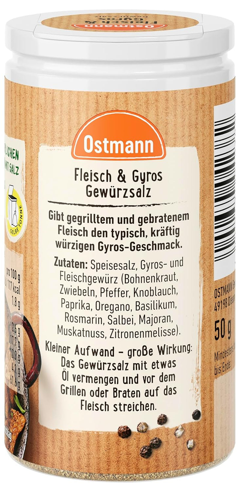 Ostmann Gewürze - Fleisch & Gyros Gewürzsalz | Pikantes Gewürz mit mediterraner Note für gegrilltes und gebratenes Fleisch | Mit praktischem Streuaufsatz | 50 g im Streuer