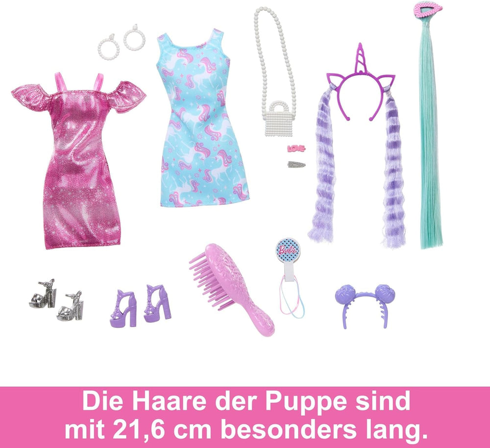 Barbie-Puppe, Fun & Fancy-Haar mit extralangem farbenfrohem schwarzem Haar und schimmerndem rosa Kleid, 10 Frisier- und Mode-Spielaccessoires, JDC86