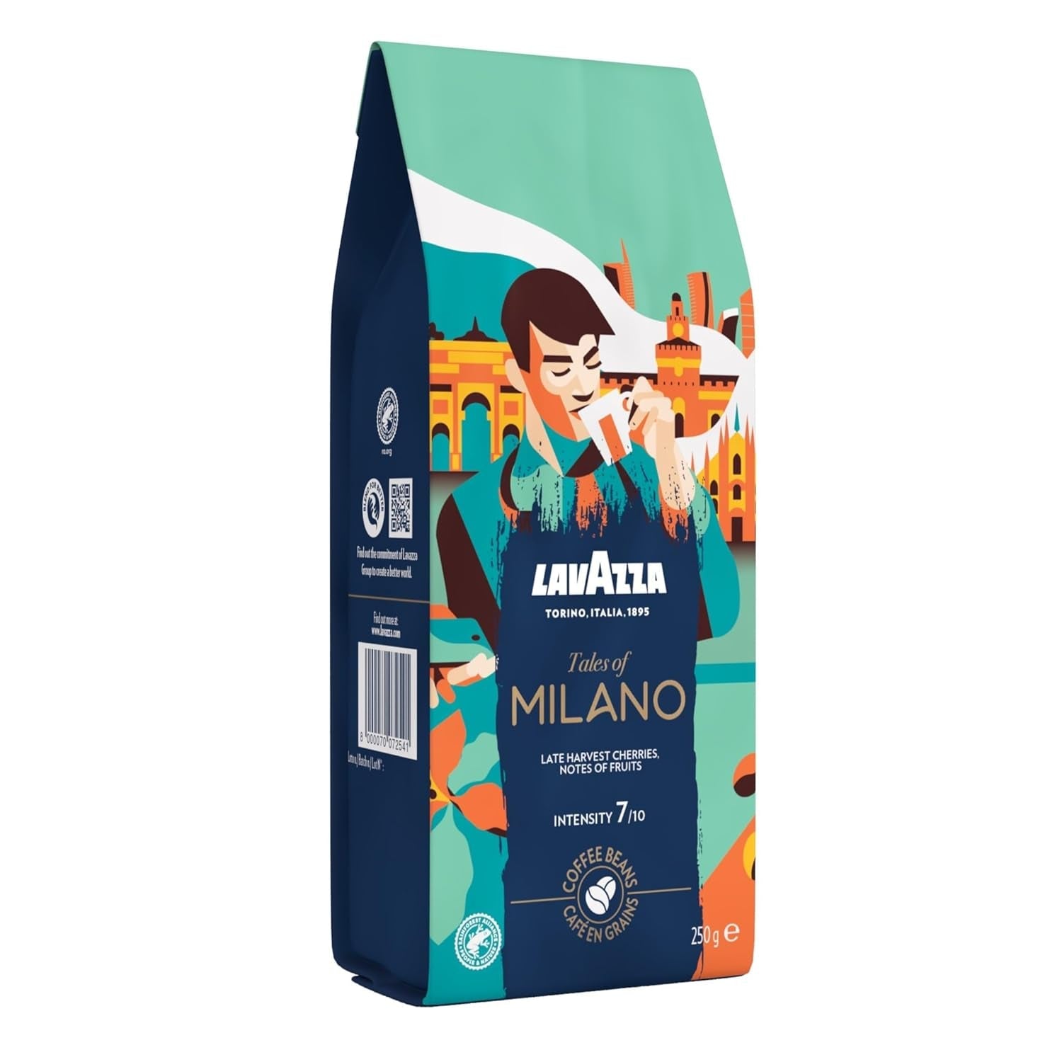 Lavazza, Tales of Roma, Kaffeebohnen, ideal für Espressomaschinen, mit Aromanoten von Haselnuss und dunkler Schokolade, Arabica und Robusta, 250 Gramm Naty Shop Coffee 250 Gramm Milano