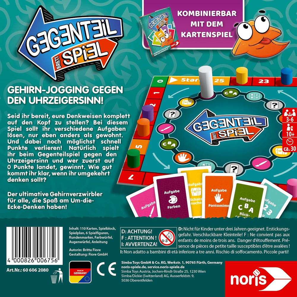 Noris 606062080 - Gegenteil Spiel (Brettspiel ab 10 Jahren) - kombinierbar mit dem Kartenspiel - verrücktes Konzentrationsspiel für Kinder und Erwachsene für 3-6 Spieler