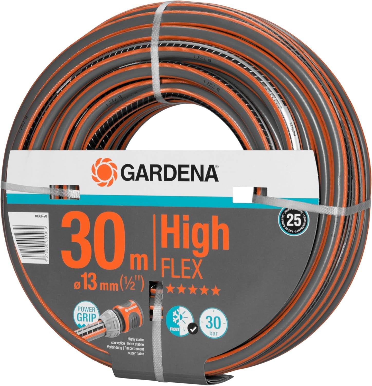 Furtun Gardena Comfort HighFLEX 13 mm (1/2 inch), 30 m: Furtun de grădină cu profil Power-Grip, presiune de spargere de 30 bar, stabil dimensional, rezistent la UV (18066-20) negru