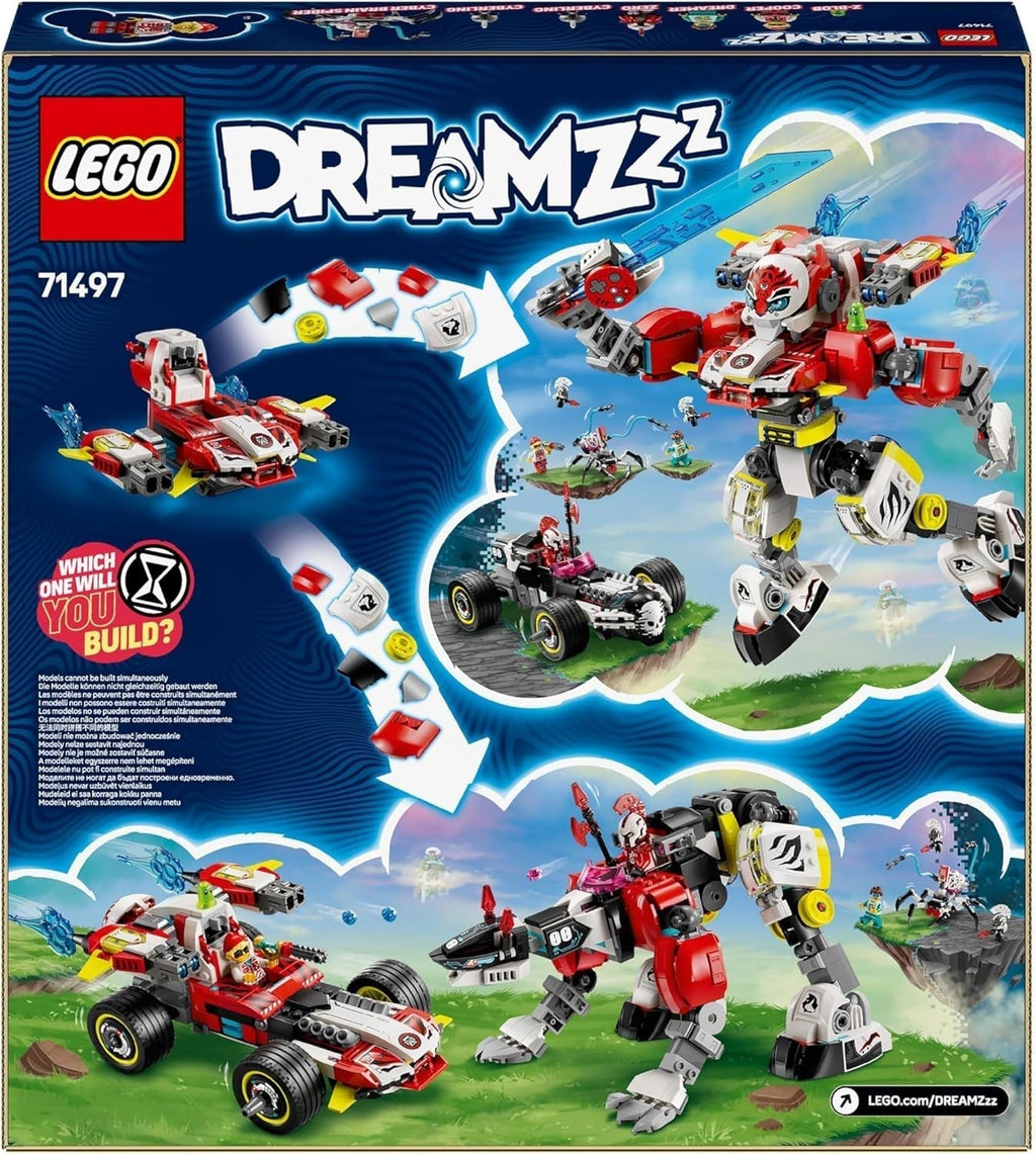 LEGO Dreamzzz Cooper's Tiger Mech și Zero'S Hot Rod Car, mașină de jucărie pentru copii, cadou pentru băieți și fete de la 9 ani, set de joacă 2 în 1 cu Mech și minifigurine 71497 Seturi de constructie Besuche den LEGO-Store