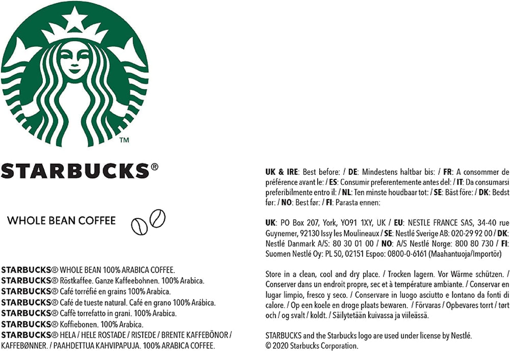STARBUCKS Cafea Columbia de origine unică, prăjire medie, boabe întregi 450g (pachet de 4)