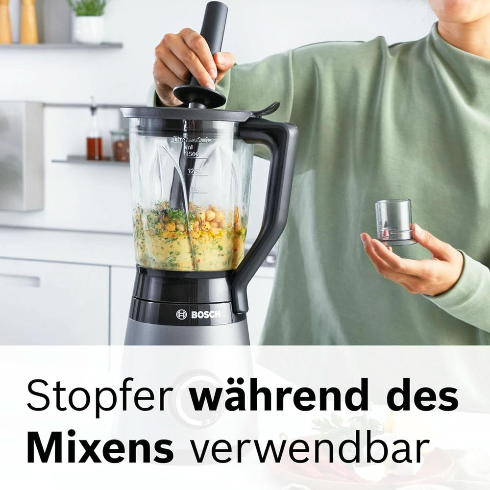 Bosch Standmixer Vitapower Serie 4 MMB6172S, Edelstahl-Klingen, 1.5L Thermosafe Glasbehälter, Stopfer, Spülmaschinengeeignete Teile, 30.000 U/Min, 1200 W, Silber Mutter und Kind Naty Shop