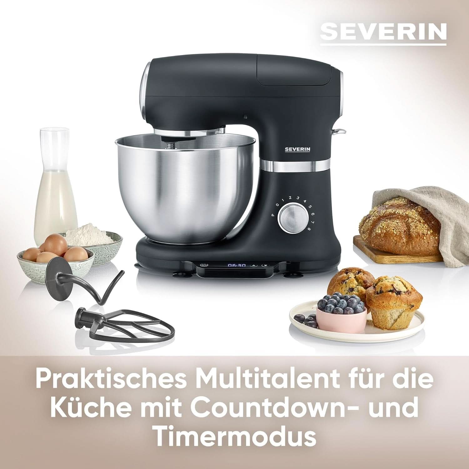 SEVERIN Küchenmaschine Mit Waage, Große Knetmaschine Für Bis Zu 3 Kg Kuchenteig, Robuste Teigmaschine Mit Knethaken, Flachrührer Und Schneebesen, 1.000 W, Schwarz, Matt, Edelstahl, KM 3898 Mutter und Kind Naty Shop