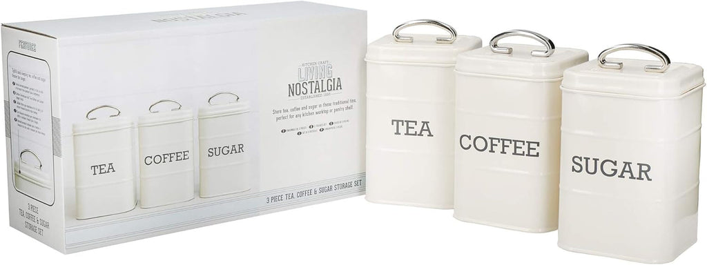 KitchenCraft Living Nostalgia set de 3 borcane de depozitare pentru ceai, zahăr și cafea, în cutie cadou, oțel, Antique Cream , 11 cm x 11 cm x 17 cm, Vintage Blue Cutii depozitare alimente Naty Shop