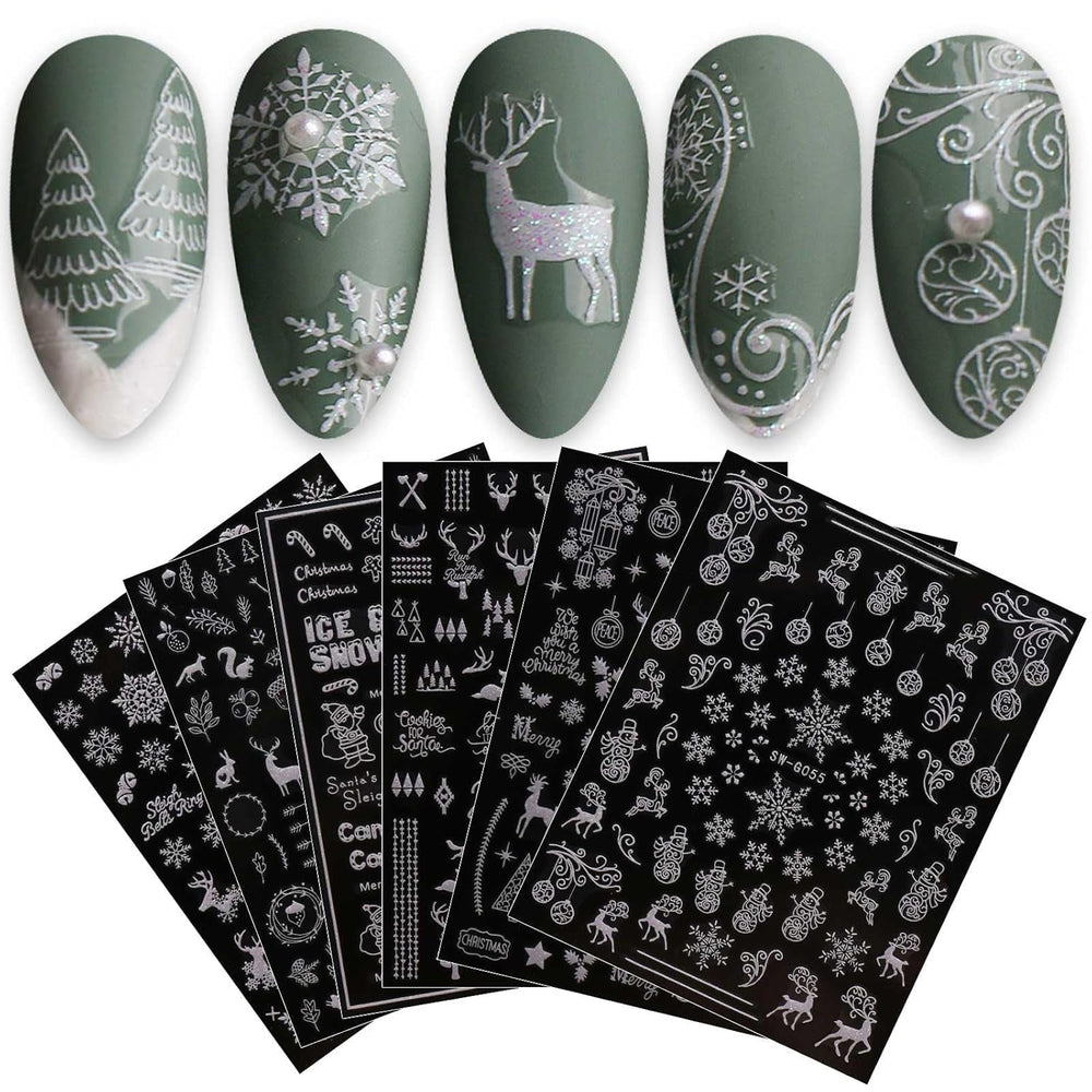 JMEOWIO Nagelsticker Weihnachten 9 Blatt Nail Art Sticker Selbstklebend Nagelaufkleber Schneeflocke Schneemann Festival Weißes Gold Dekoration Nageldesign Zubehör