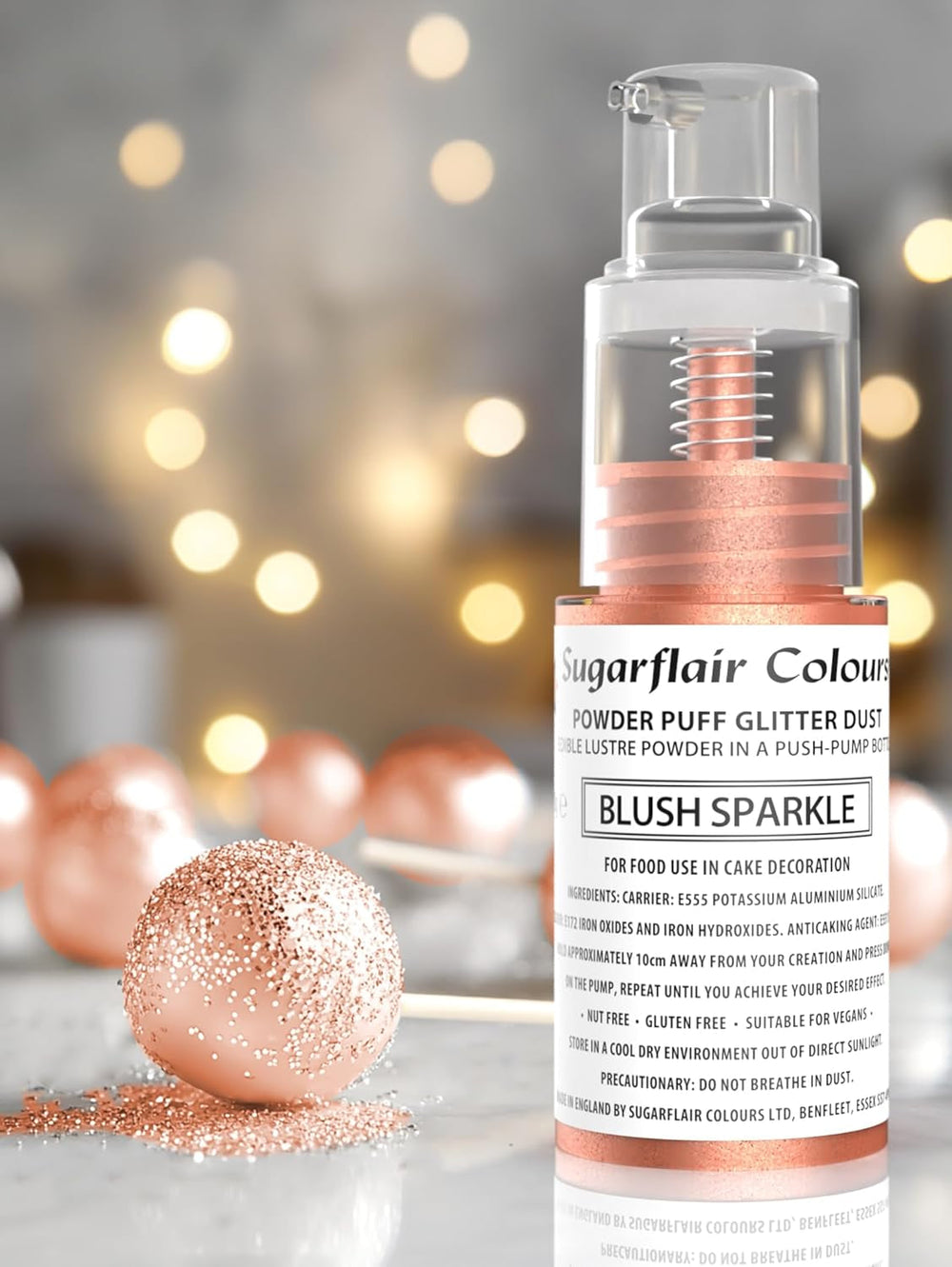 Spray pudră cu pompă Sugarflair, sclipici, Blush, sclipici - colorant alimentar pentru tort, spray fără aerosoli pentru torturi, brioșe și multe altele - 10 g