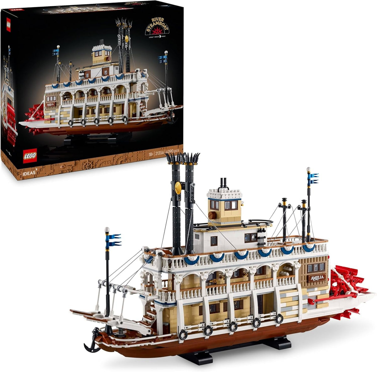 LEGO Ideas Flussraddampfer - Bauset für Erwachsene - Bootsmodell mit Innenraum & interaktiven Funktionen, inkl. funktionierendem Schaufelrad und Steuerung - DIY Geschenk für Männer und Frauen - 21356