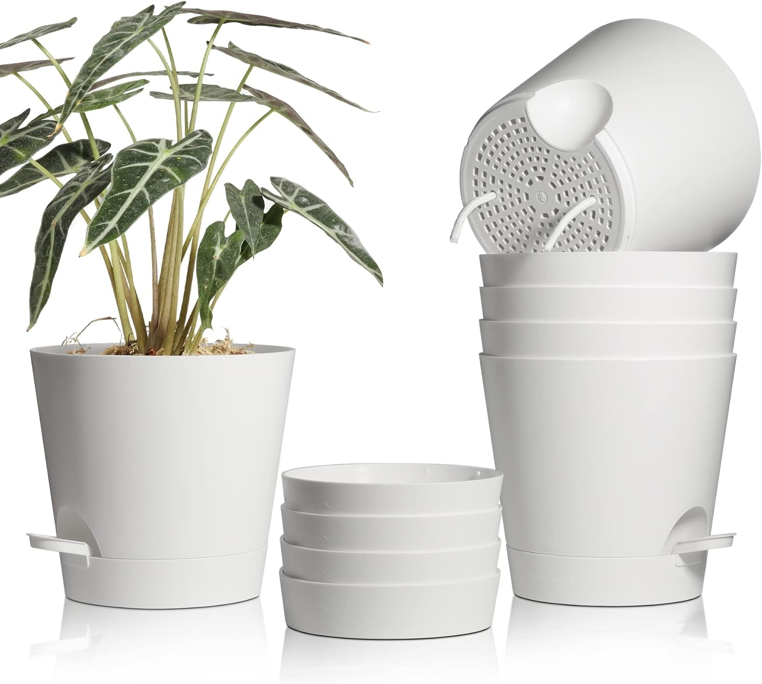 Ghiveci de flori din plastic T4U de 14 cm cu sistem de udare, set de 6 ghivece cu auto-udare și farfurioare, ghivece rotunde pentru plante de grădină de interior și balcon, suculente, cactuși, alb