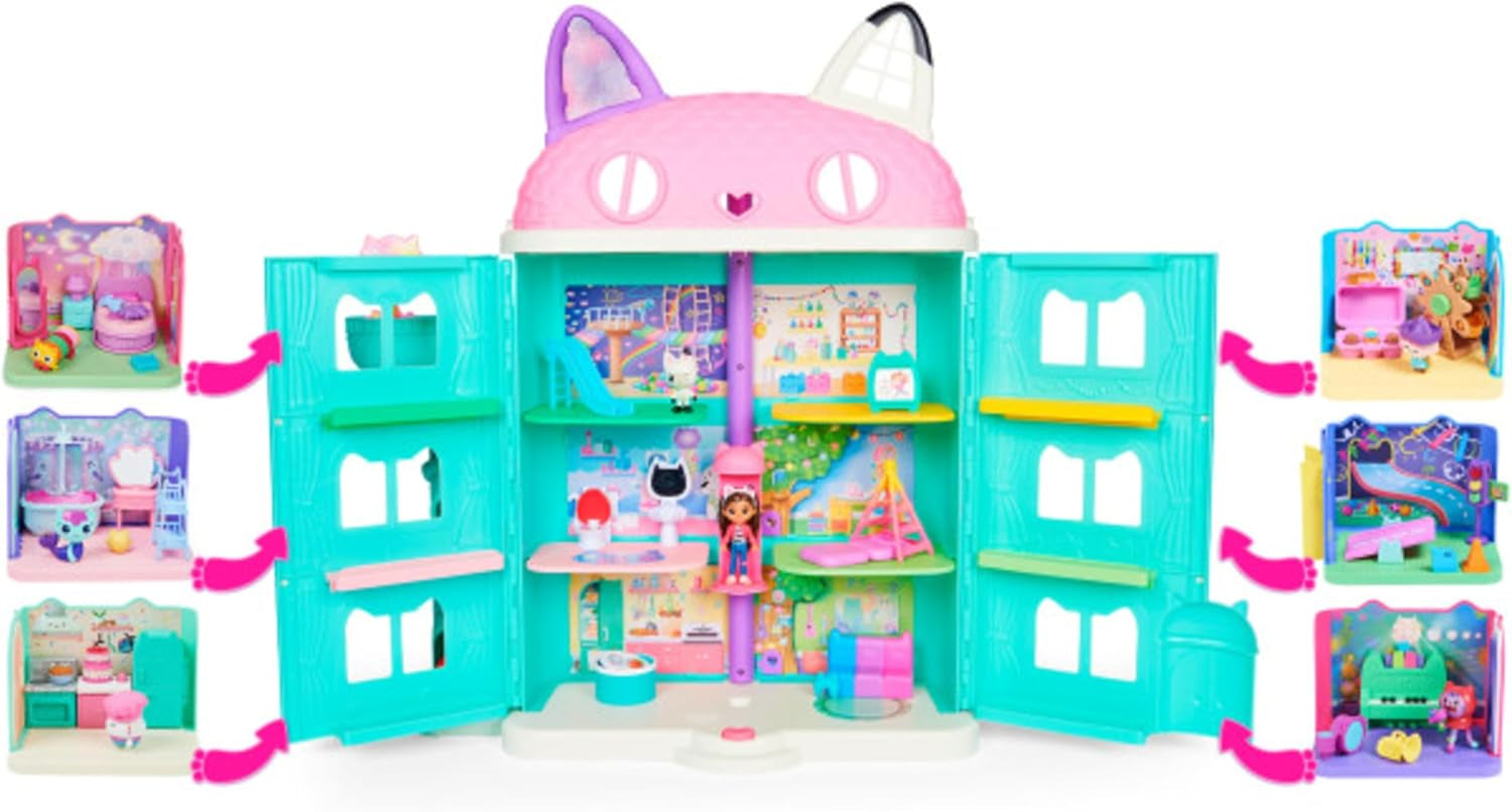 DREAMWORKS CASA DE PĂPȘI A LUI GABBY - Set de joacă Deluxe Room, cameră de petrecere cu Kitty Narwhale, mobilier și accesorii tematice, vârste 3+