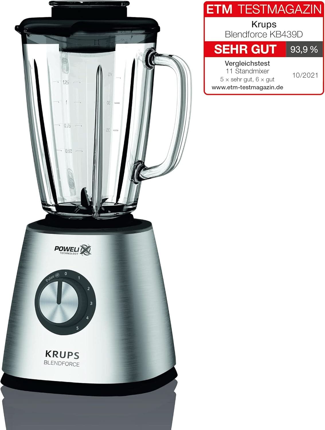 Krups KB439D Blendforce 2 Standmixer | 800 Watt | 5 Geschwindigkeiten | Pulsfunktion | 1,75 Liter Thermoglasbehälter (Nutzvolumen: 1,25 Liter) | Stöße | Eiszerkleiner | Edelstahl Mutter und Kind Naty Shop