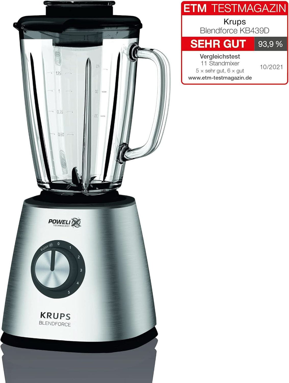 Krups KB439D Blendforce 2 Standmixer | 800 Watt | 5 Geschwindigkeiten | Pulsfunktion | 1,75 Liter Thermoglasbehälter (Nutzvolumen: 1,25 Liter) | Stöße | Eiszerkleiner | Edelstahl Mutter und Kind Naty Shop