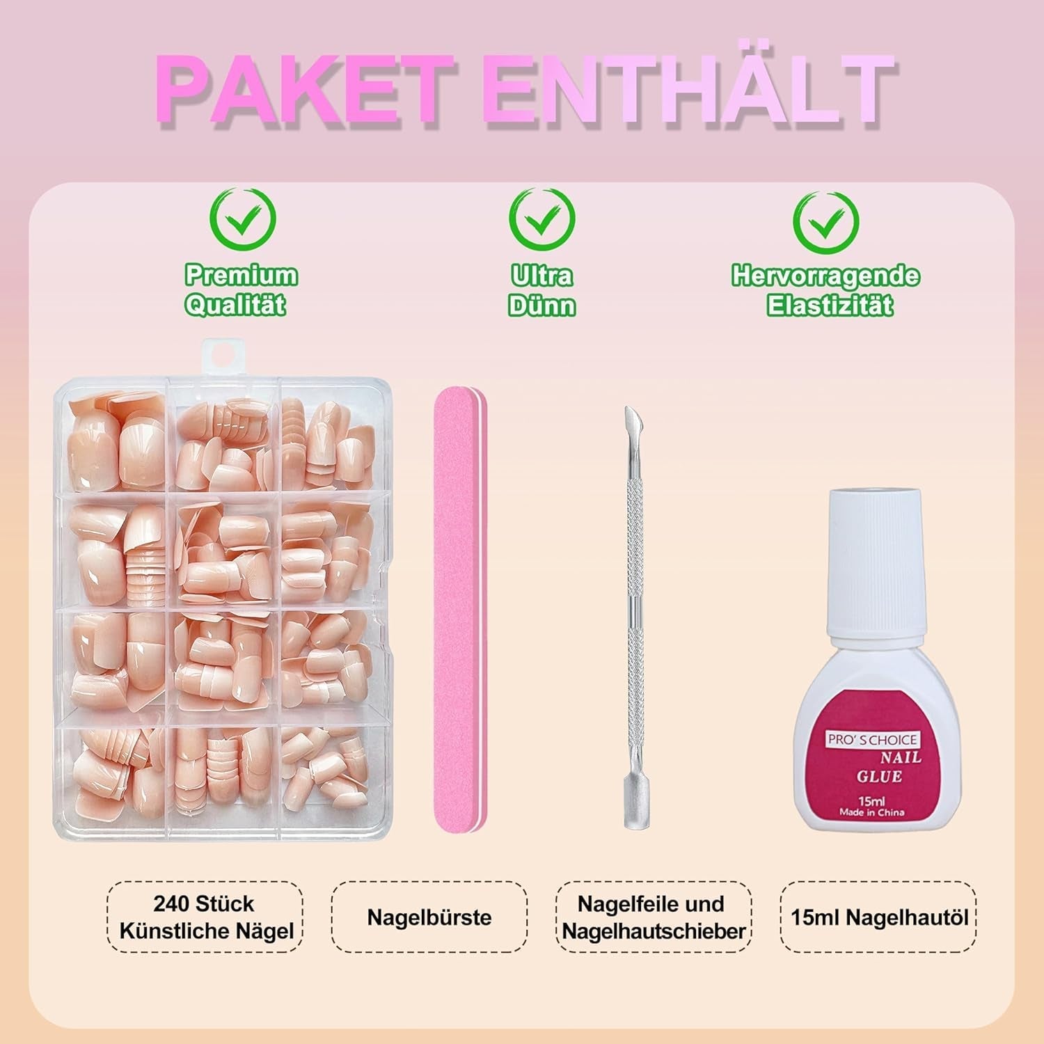 Set unghii false - 240 bucăți unghii scurte și pătrate, model gel moale, gradient alb nud, unghii false artificiale naturale pentru lipire, pentru femei DIY (gradient nud, 240X)