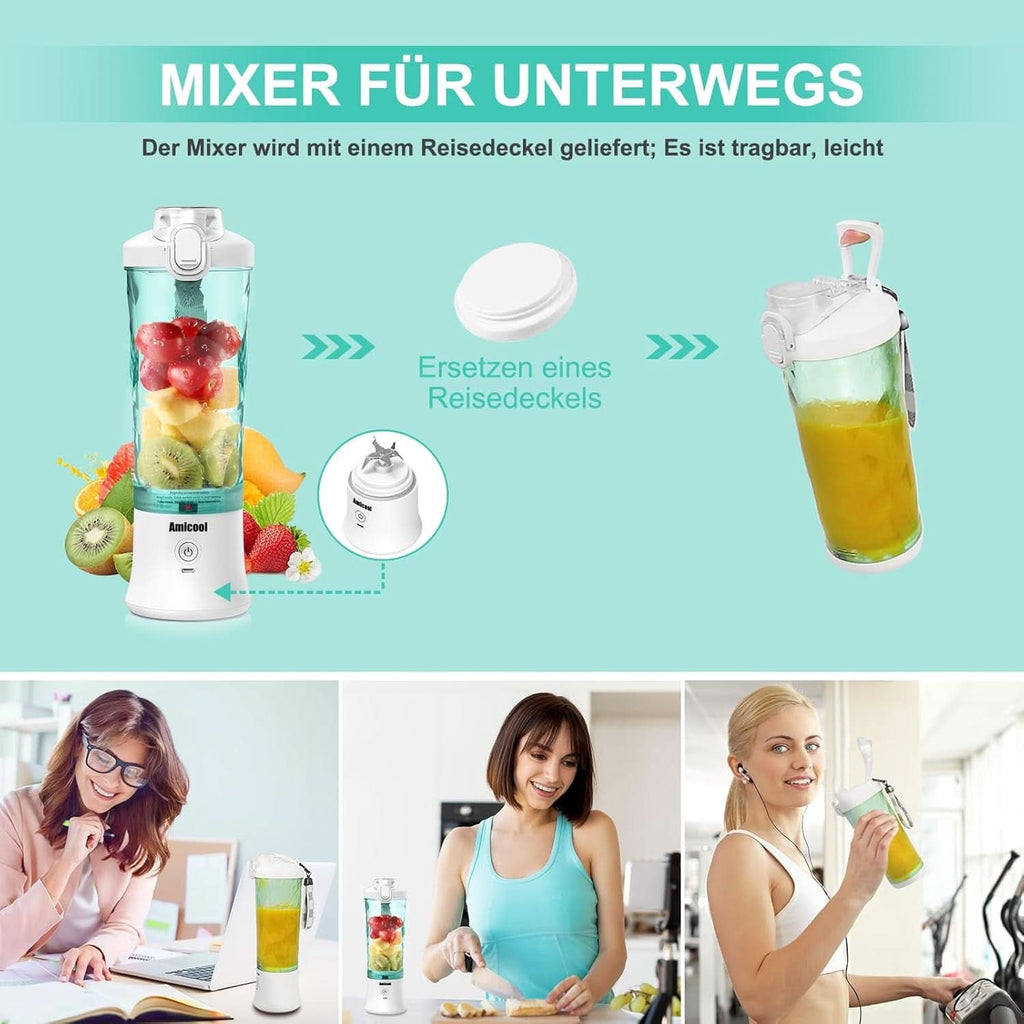 Mixer Smoothie Maker to Go, Mini Standmixer Tragbar Mit 6-Klingen Edelstahl, Enstafter Mit Reisedeckel, USB Portable Blender Elektrisch 600Ml Bottle, Mixer Shaker Slushy Maker Wasserdichter Bucatarie Naty Shop