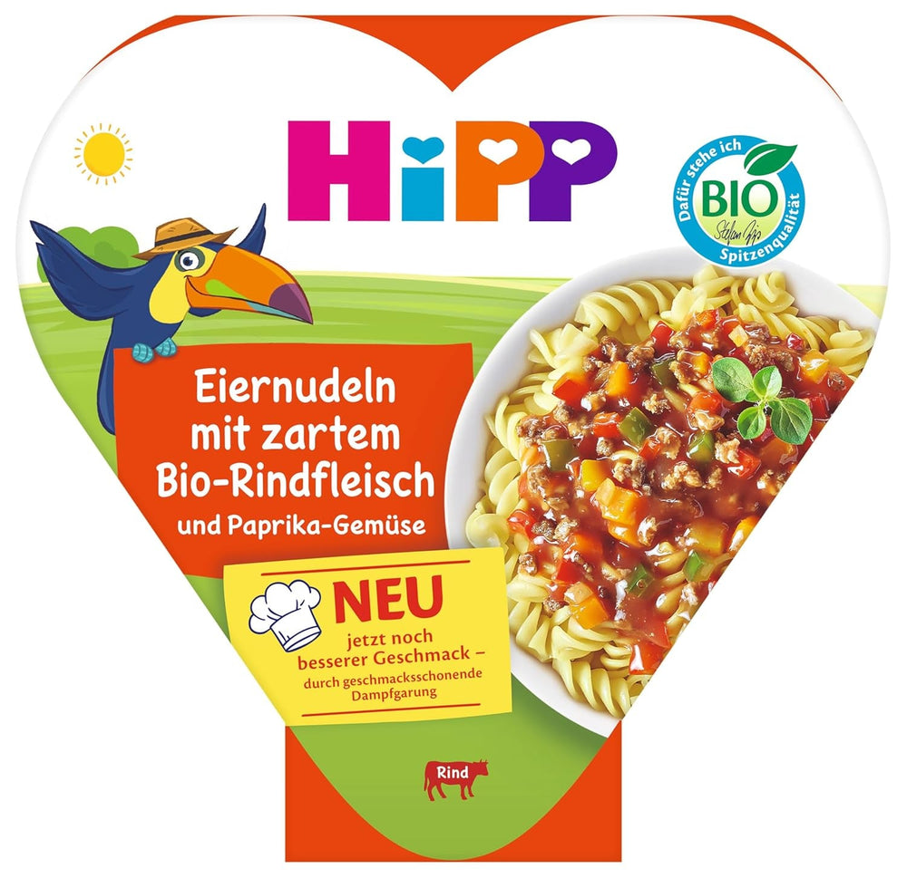 HiPP Tăiței de ou organici cu carne de vită fragedă organică și legume cu ardei gras (6 x 250g), Masă