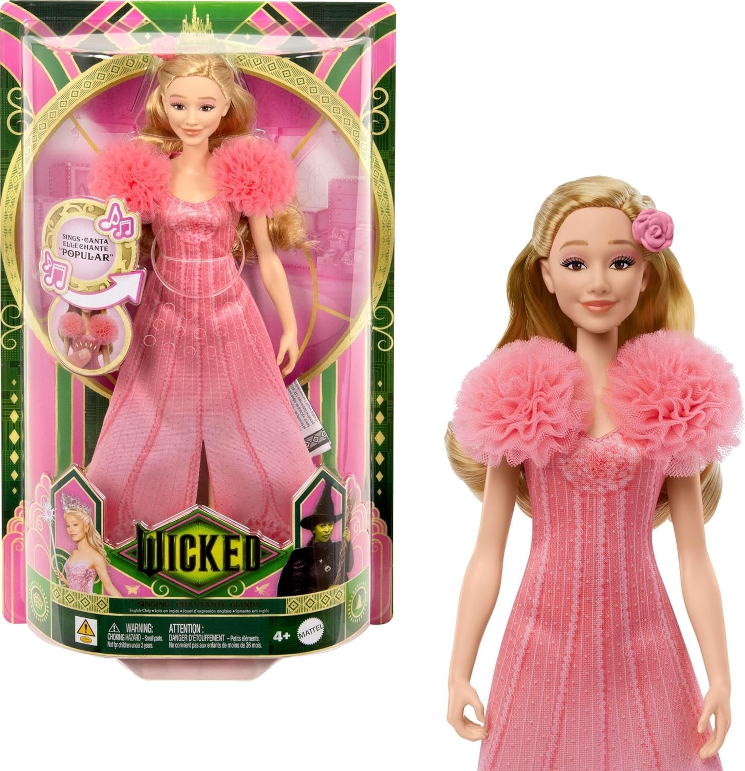 Mattel Singende Glinda-Modepuppe aus Wicked und Accessoires, beweglich und mit vom Film inspiriertem Look sowie abnehmbarem Outfit, singt Heißgeliebt, JLG49, Pink