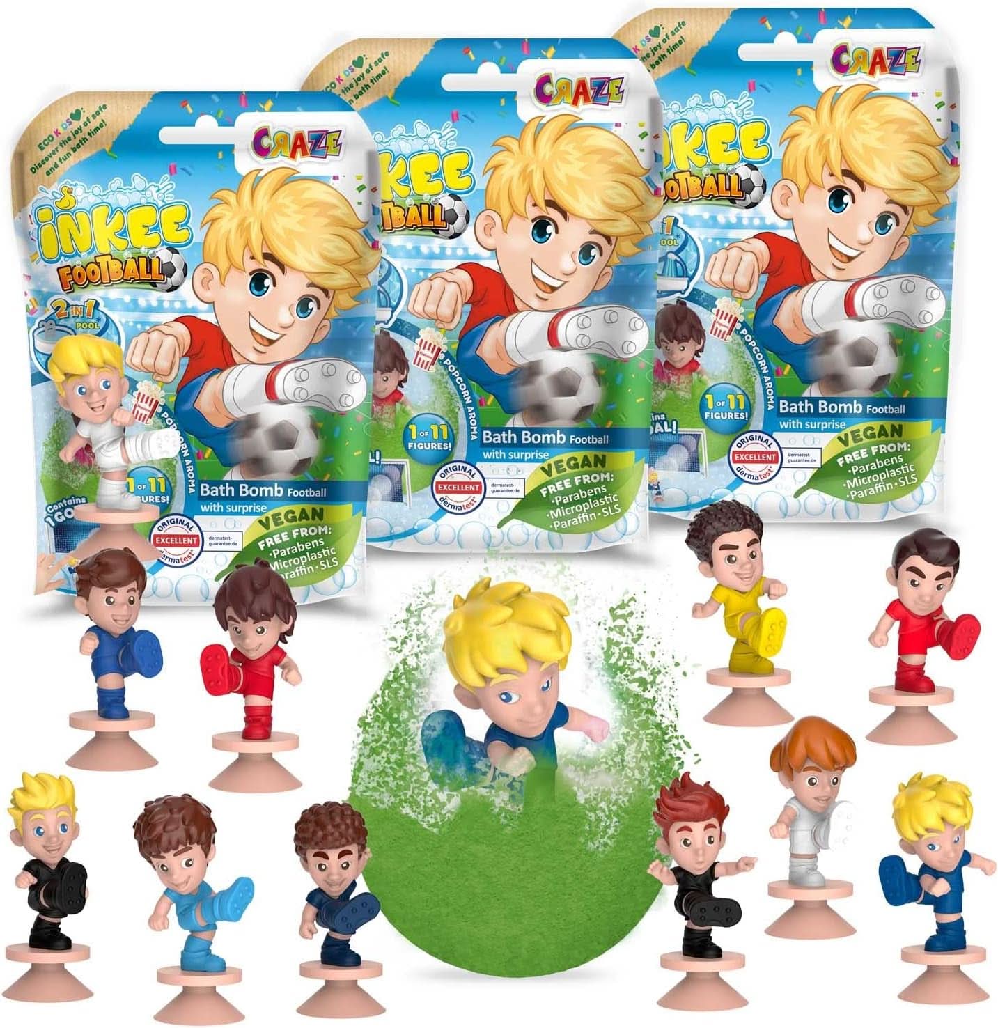 INKEE SURPRISE DINO, eiförmige Badebombe mit Dinosaurierfiguren und Überraschungen, 100 Gramm. Dusche und Bad Naty Shop 3 x Fußball