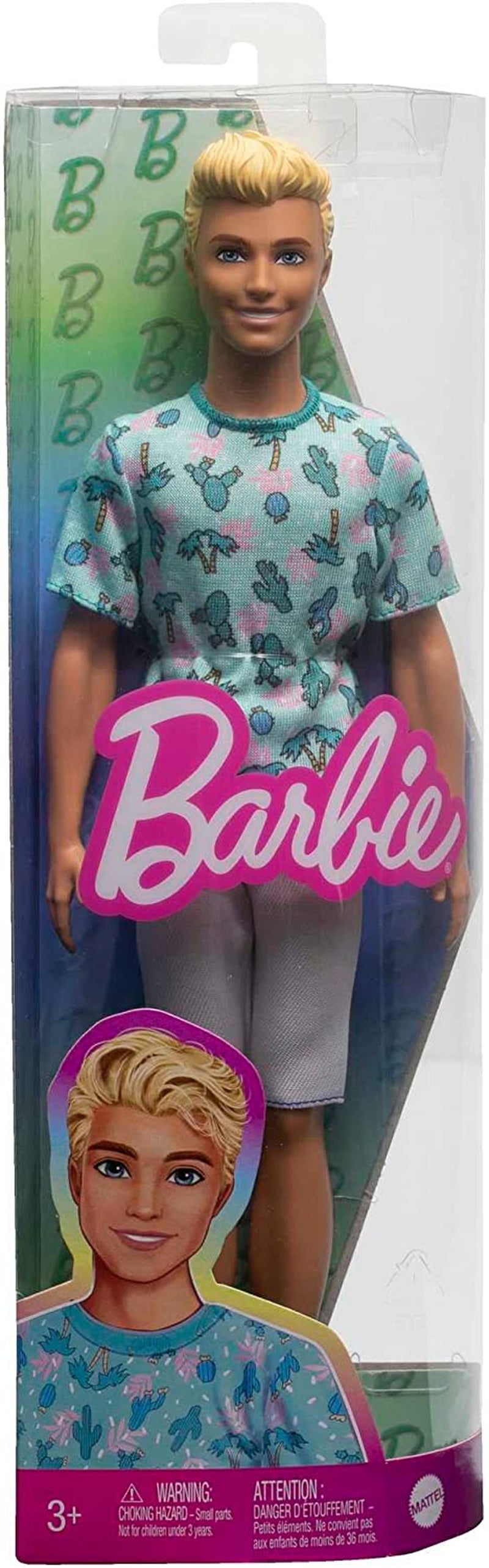 Păpușă Barbie Ken Fashionistas - tricou cu imprimeu de cactus și palmier, pantaloni scurți albi și adidași, perfect pentru aventuri cu prietenii și plimbări prin oraș, pentru copii de la 3 ani în sus, HJT10 Papusi Naty Shop