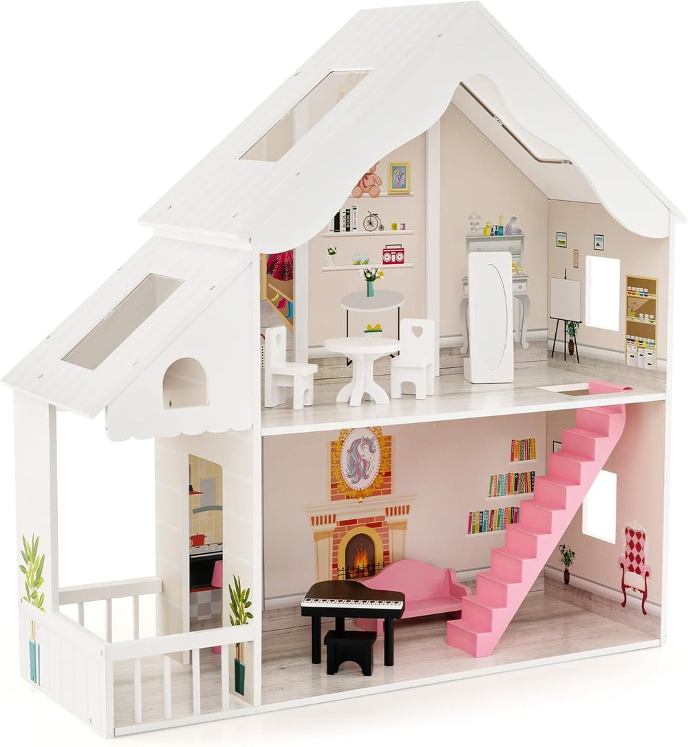 FANTASK Puppenhaus aus Holz, zweistöckiges Puppenhaus mit Zubehör und Möbeln, Spielzeug für 28–36 cm große Puppen, ab 3 Jahren. Puppenhäuser Naty Shop Standardtitel