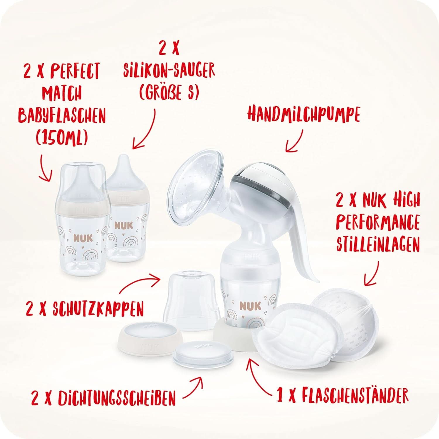 NUK Handmilchpumpen-Set, weiches Silikonkissen, 2 perfekt kombinierte Flaschen, 150 ml Zubehör Essen und Stillen Bebe Naty Shop