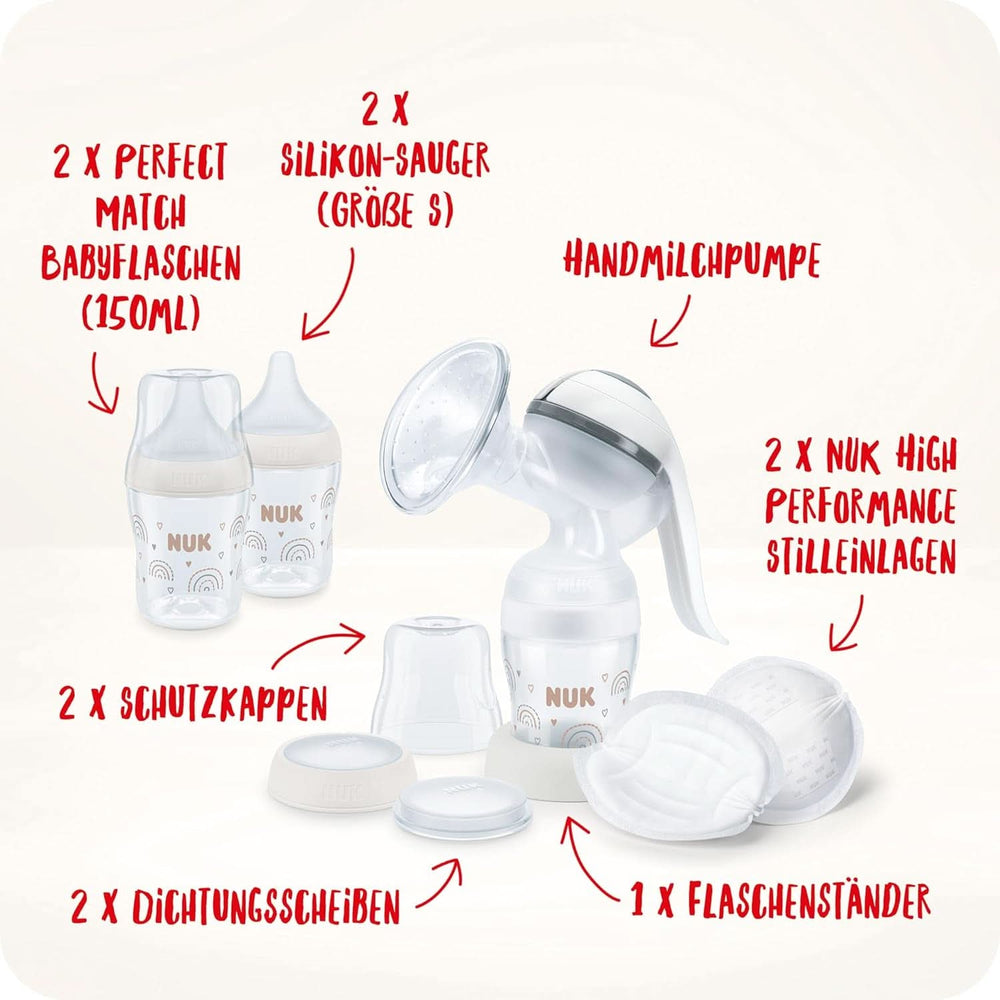 NUK Handmilchpumpen-Set, weiches Silikonkissen, 2 perfekt kombinierte Flaschen, 150 ml Zubehör Essen und Stillen Bebe Naty Shop