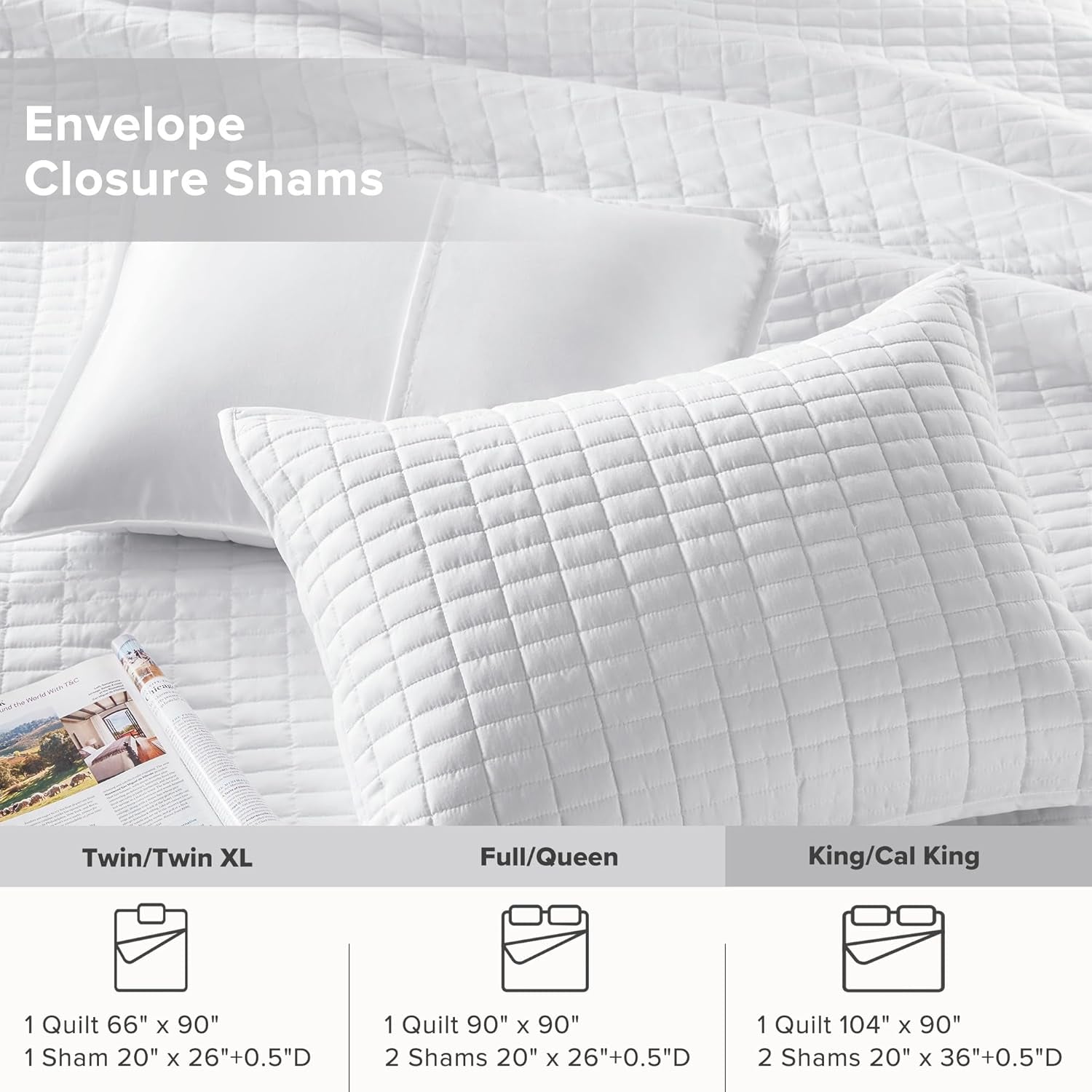 Comfort Spaces Kienna Quilt Set, cusături duble de lux, pătură de vară, ușoară, moale, lenjerie de pat pe tot parcursul anului, față de pernă asortată, albă, pătură pentru paturi King Size (264.2 X 228.6 Cm), Plapumi si pilote Naty Shop