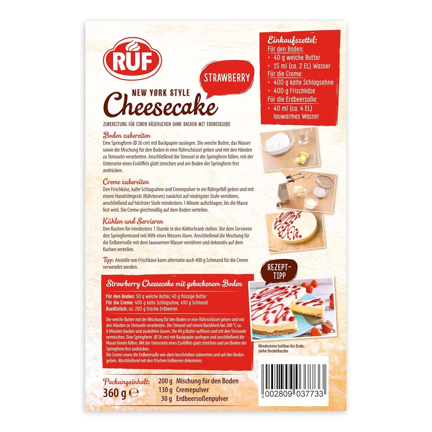 RUF New York Cheesecake Strawberry No Bake, Cheesecake american original cu sos de căpșuni, 360 grame Bucatarie Naty Shop