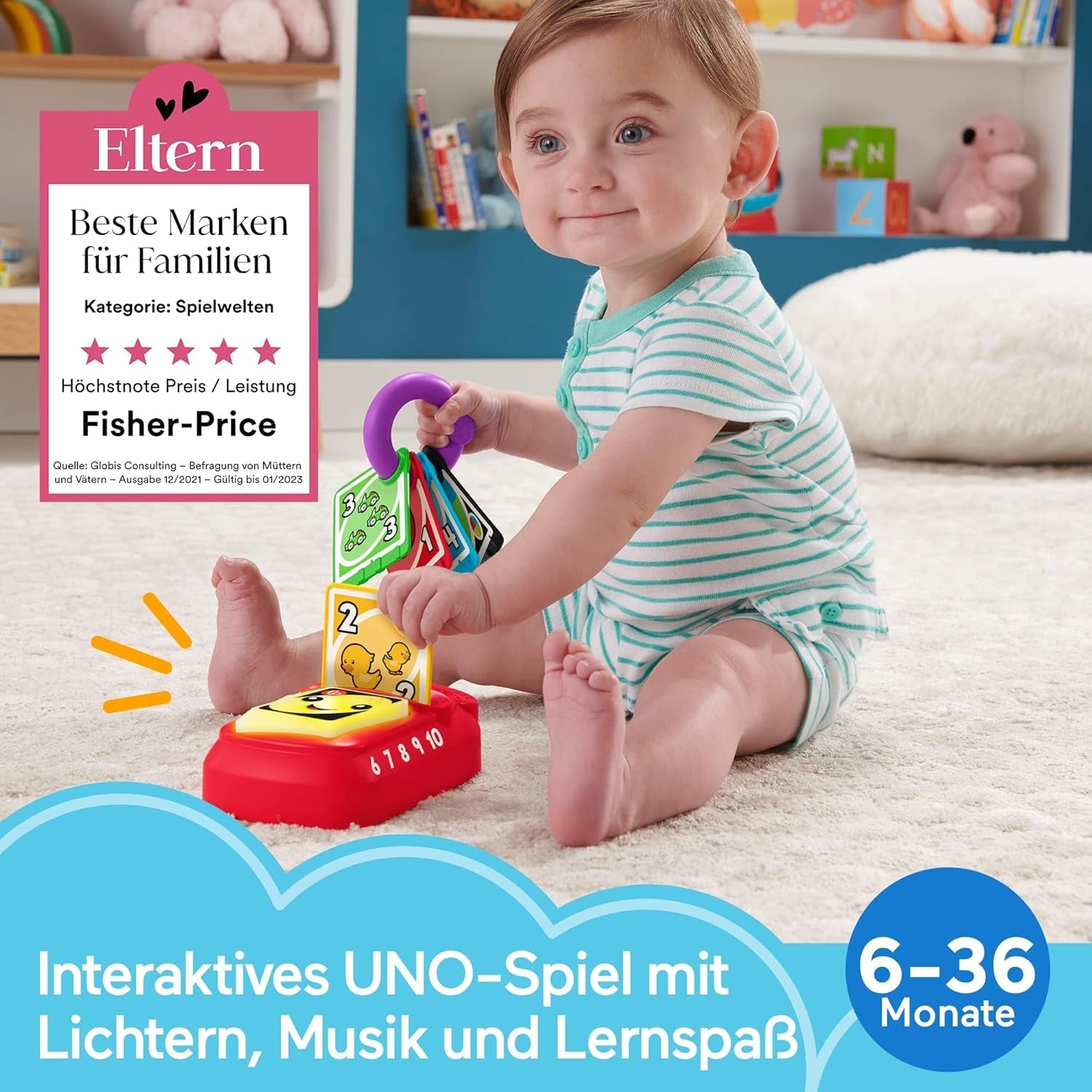 FISHER-PRICE Learning Fun Baby UNO - jucărie electronică de învățare UNO în mărimea copilului, cu lumini amuzante, sunete și muzică, pentru călătorii, biligvă, de la 6 luni / 1 an, HHG91 Jucarii Bebe Naty Shop