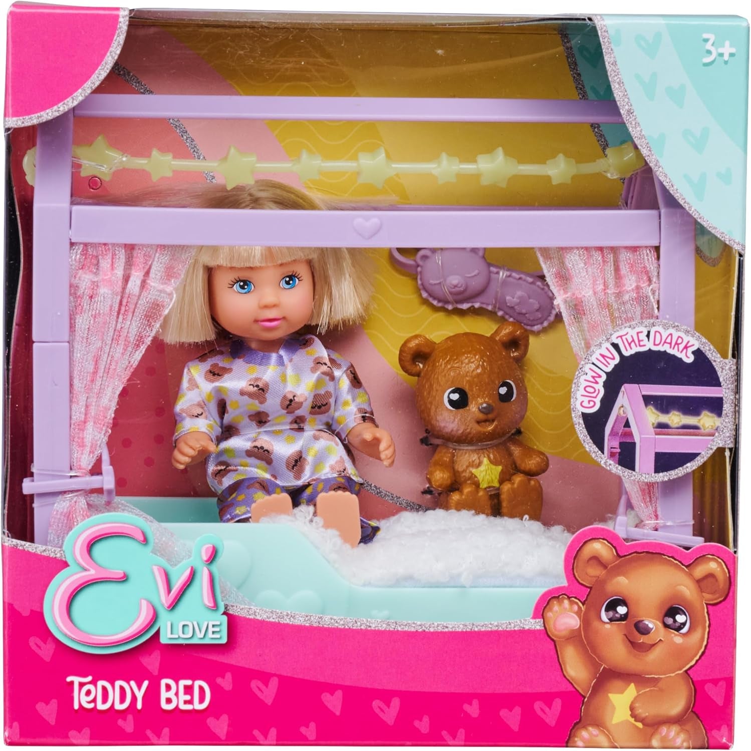 Simba Evi Love Teddy Bed, Spielpuppe im Schlafanzug mit Schlafmaske, Flauschiger Decke, Teddy und Bett mit Glow in the Dark, 12cm, ab 3 Jahren